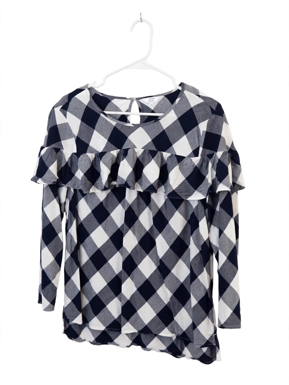Women& White and navy blue Gingham Ruffle Long-Sleeve Top